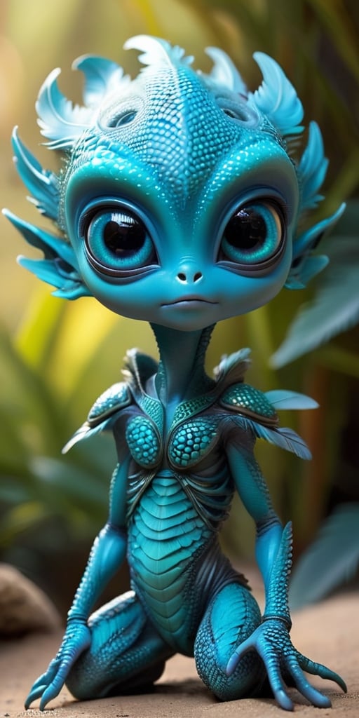 An alien infant with a body that is covered in tiny,  feather-like scales that rustle softly in the breeze. It has large,...