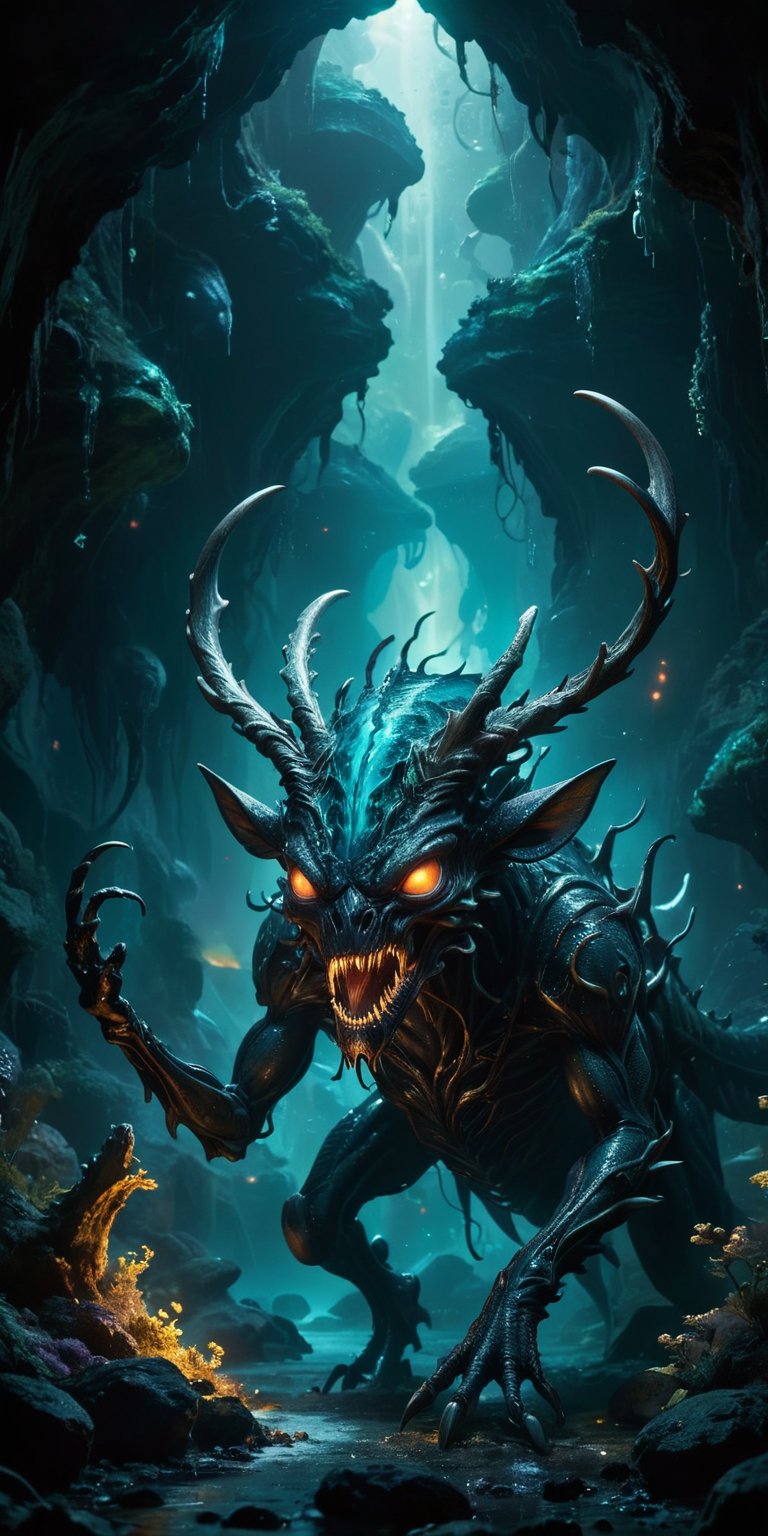 Deep within a bioluminescent cavern,  a serpentine alien with glowing eyes battles a grotesque stag with pulsating alien g...