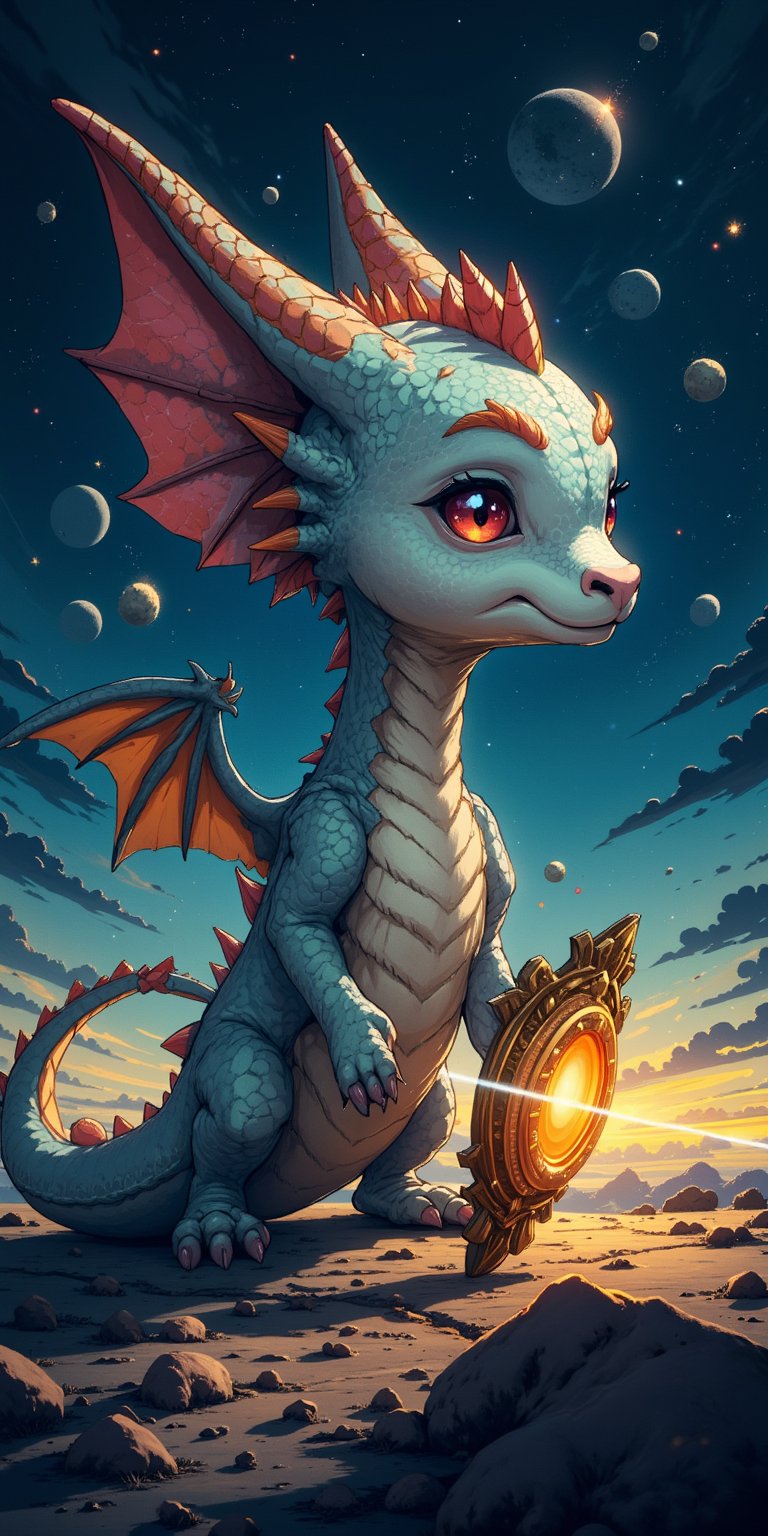 Galactic Guardian A baby dragon stands vigilant on a small planetoid,  guarding an ancient,  alien artifact that pulses wi...