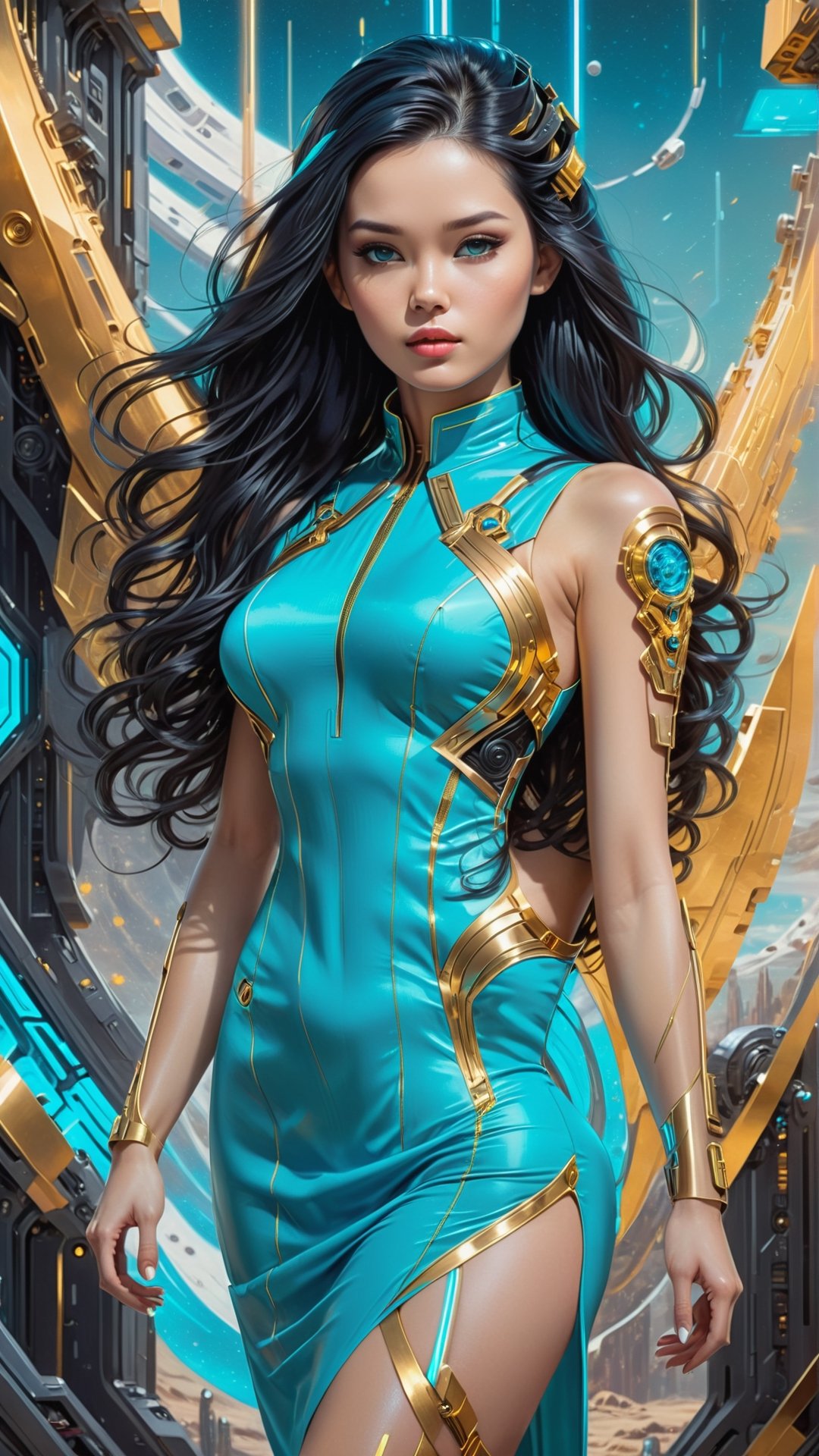 (Women wearing  Neon Cyan
gold sheath dress), (long_hair, black-hair) , (sci-fi background) ,Leonardo Style,DonMR0s30rd3rXL 