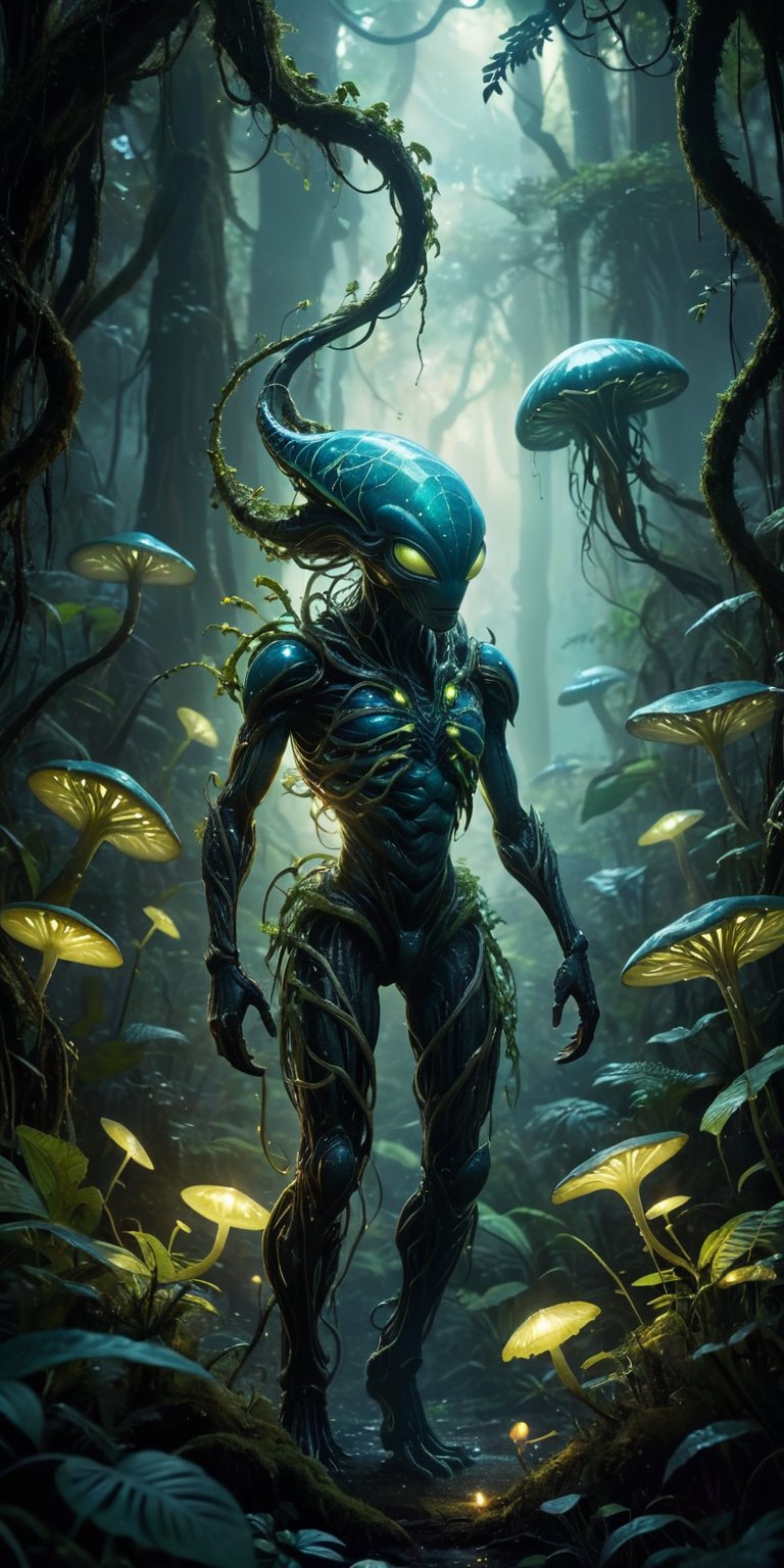 A lush,  bioluminescent forest teems with hidden dangers. A spindly alien with glowing spores stalks a monstrous,  plant-l...