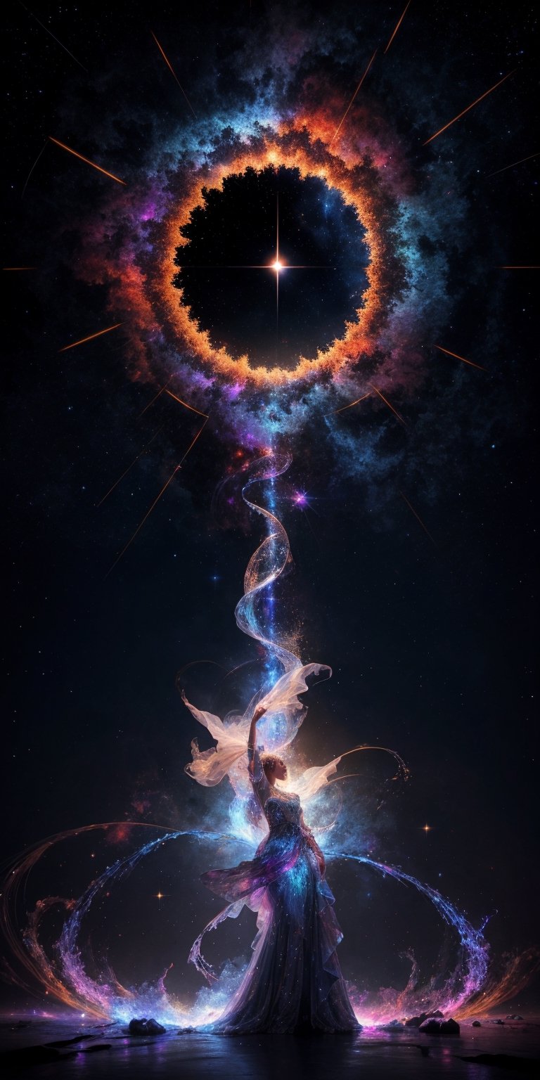 Cosmic Conductor of a Celestial Choir Soaring amidst a swirling vortex of nebulae,  her voice resonates with the primal mu...