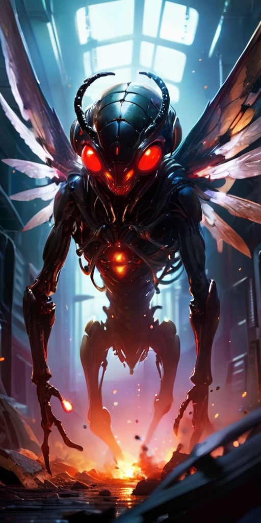 A swarm of insectoid creatures with chitinous exoskeletons and glowing red eyes buzz ominously around a derelict space sta...