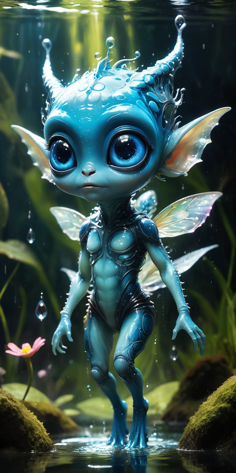 In the crystal-clear waters of an alien pond,  a baby alien with shimmering blue skin and big,  curious eyes splashes glee...