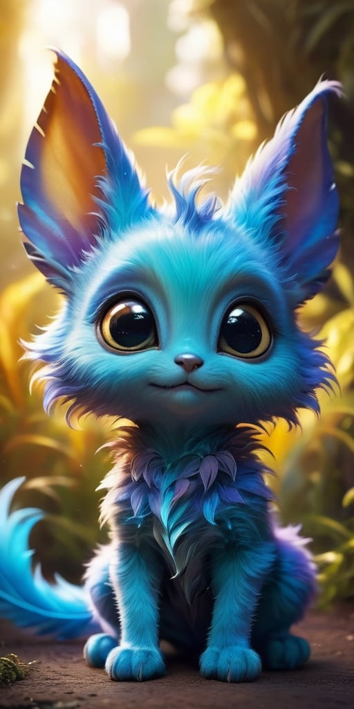 A baby alien with fluffy,  feather-like fur that ruffles in the breeze. It has large,  floppy ears that twitch with curios...