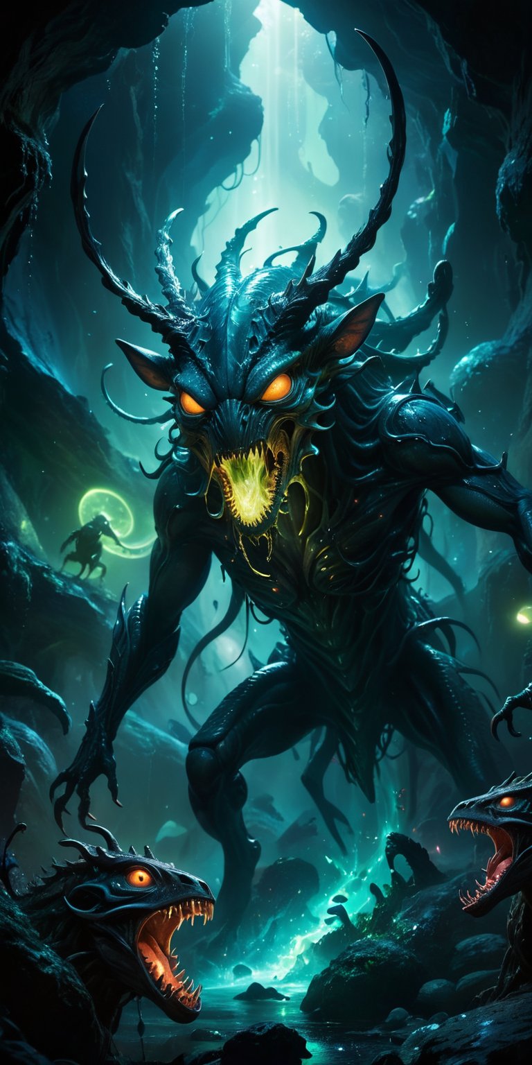 Deep within a bioluminescent cavern,  a serpentine alien with glowing eyes battles a grotesque stag with pulsating alien g...