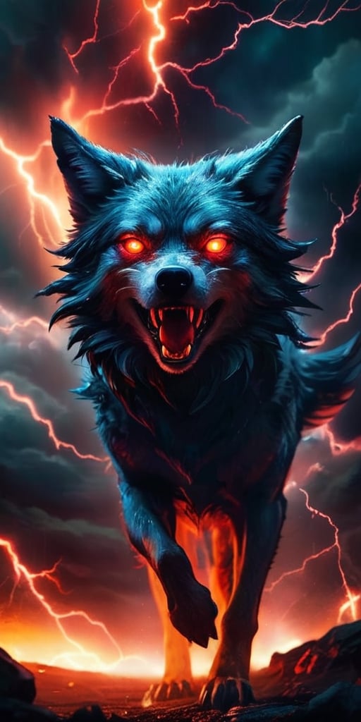 A pack of winged wolf-like creatures with glowing red eyes soar through a raging electrical storm. Their fur crackles with...