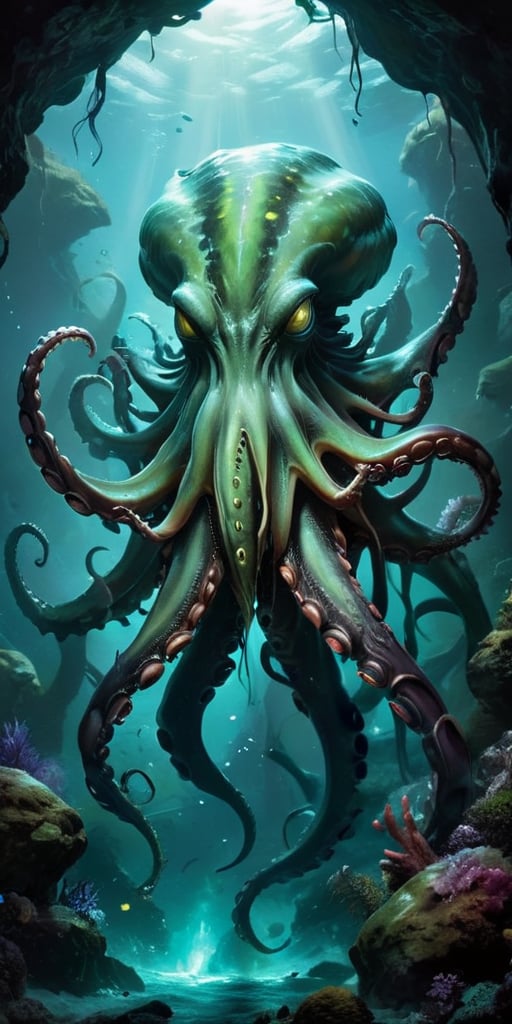 Abyssal Monstrosity A creature with the body of an octopus and the head of a predatory dinosaur,  with tentacles that end...