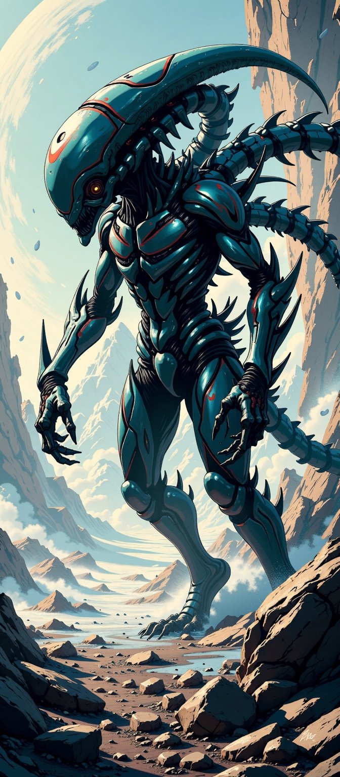 A monstrous alien with razor-sharp exoskeletons,  its flesh riddled with cybernetic implants,  stalking through the debris...