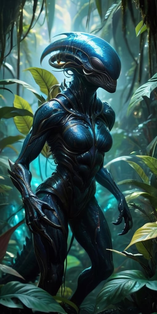 A colossal,  eyeless monstrosity with razor-sharp claws and bioluminescent scales hunts through the dense foliage of a bio...