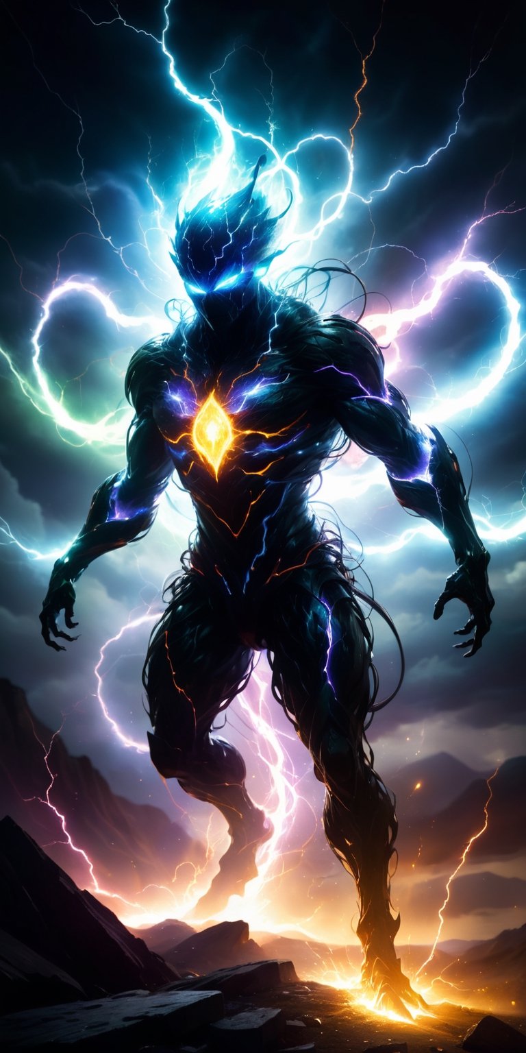 A creature that appears to be made entirely of energy,  with a shifting,  amorphous form that crackles with electricity. I...