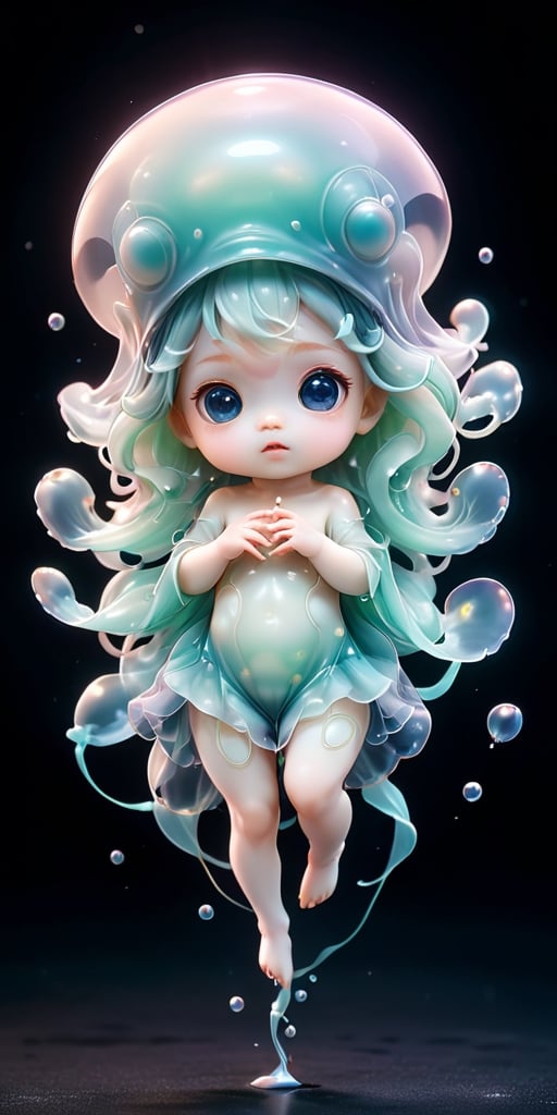An alien infant with a soft,  translucent membrane that covers its body,  giving it a jellyfish-like appearance. It has ti...