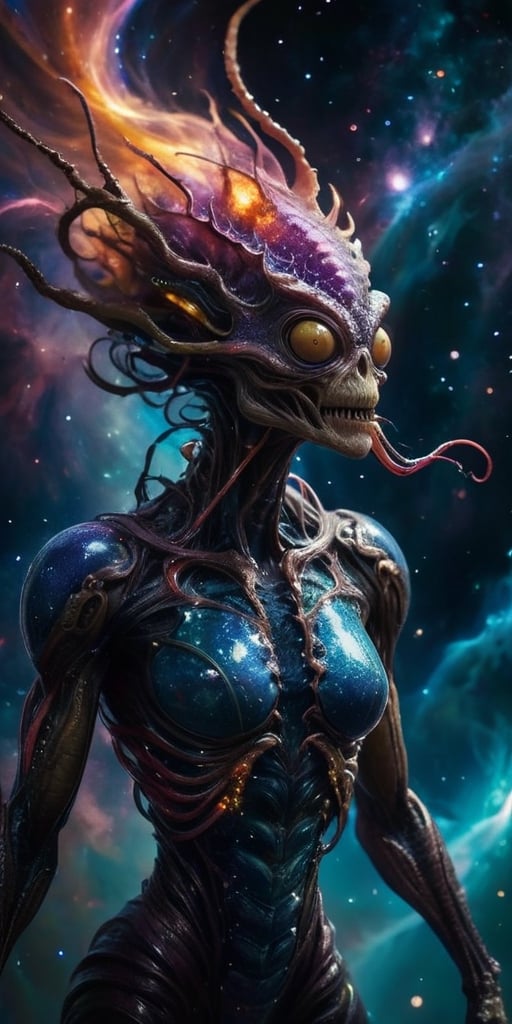 Amidst the cosmic backdrop of a distant star cluster,  a horrifying creature takes shape,  blending alien and monstrous fe...