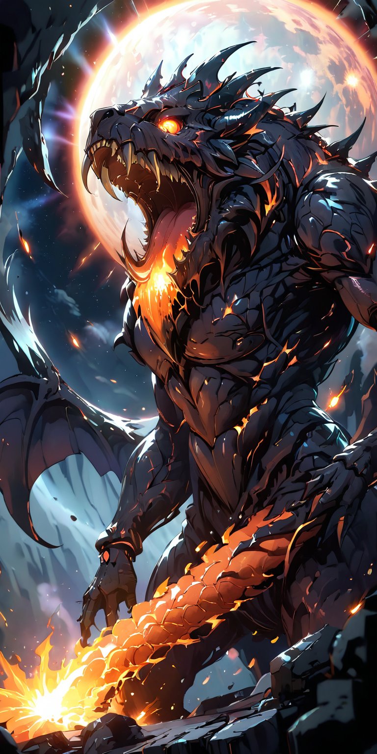 A towering alien beast with molten rock fused into its flesh,  spewing fire from its gaping maw as it wreaks havoc on a sp...