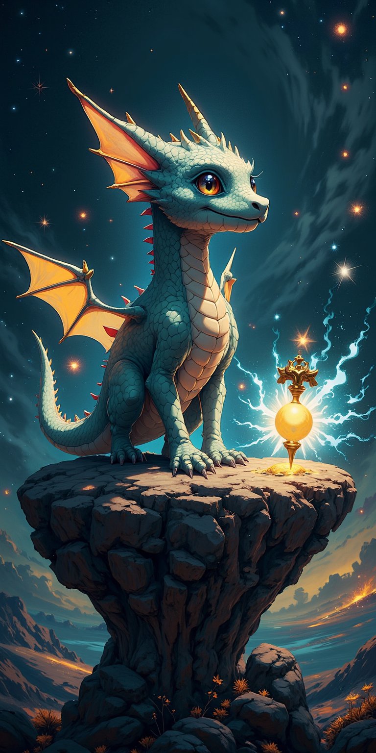 Galactic Guardian A baby dragon stands vigilant on a small planetoid,  guarding an ancient,  alien artifact that pulses wi...
