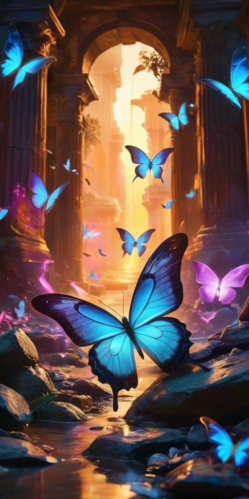 A swarm of bioluminescent butterflies with iridescent wings flutter through the ruins of an ancient alien city. Their deli...