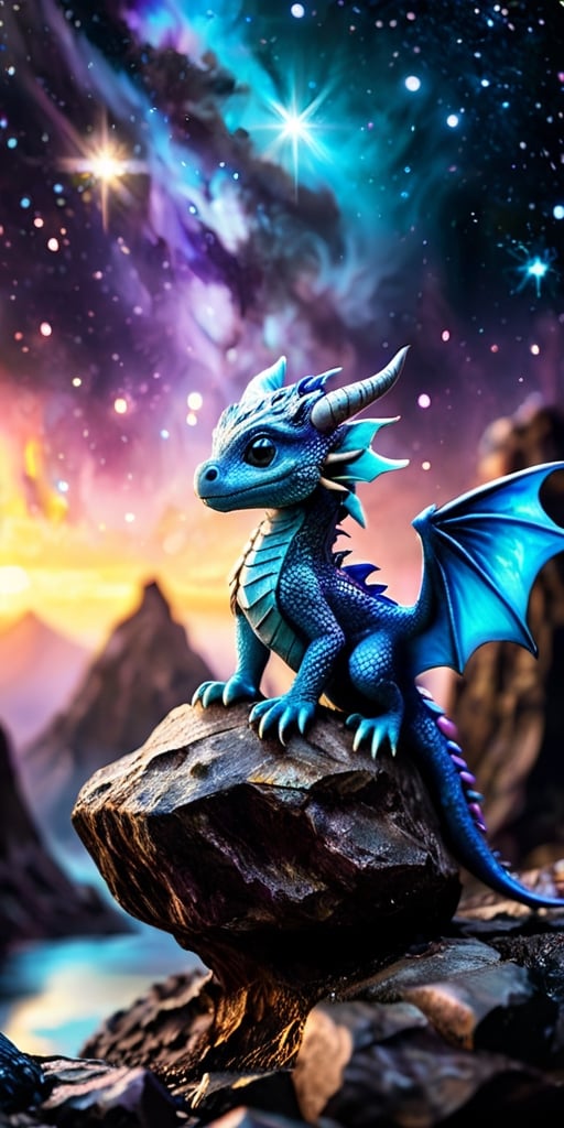 Celestial Guardians A baby dragon perches on a small asteroid, watching over a distant planet with an atmosphere filled with swirling auroras. Its scales are a deep, metallic blue, and its eyes reflect the planet's shimmering beauty.