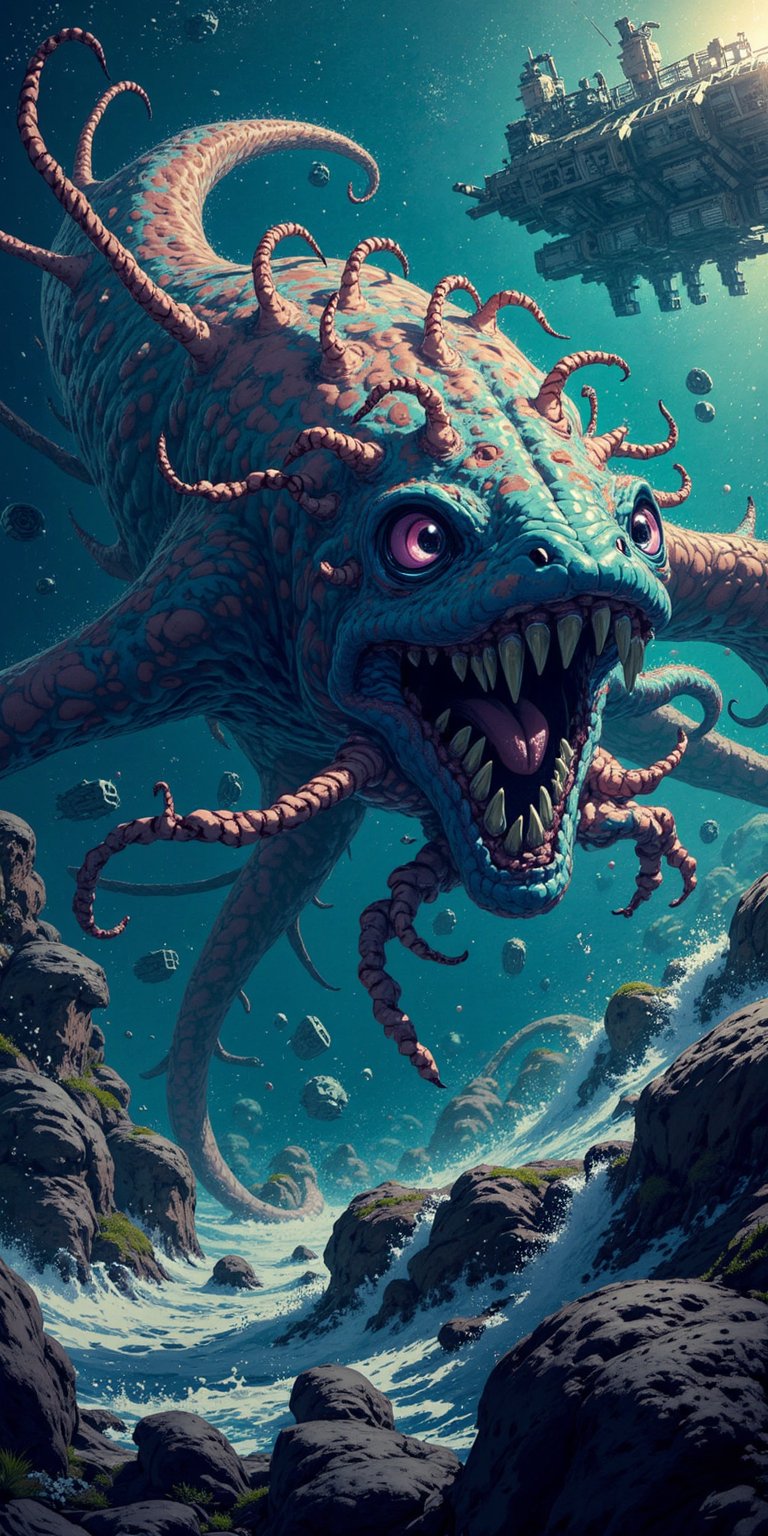 A hideous fusion of alien and monstrous aquatic forms,  swimming through space as its long tentacles and razor-sharp teeth...
