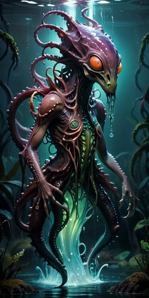 Rising from the dark waters of an alien marsh,  a nightmarish alien creature with a cephalopod-like body and reptilian lim...