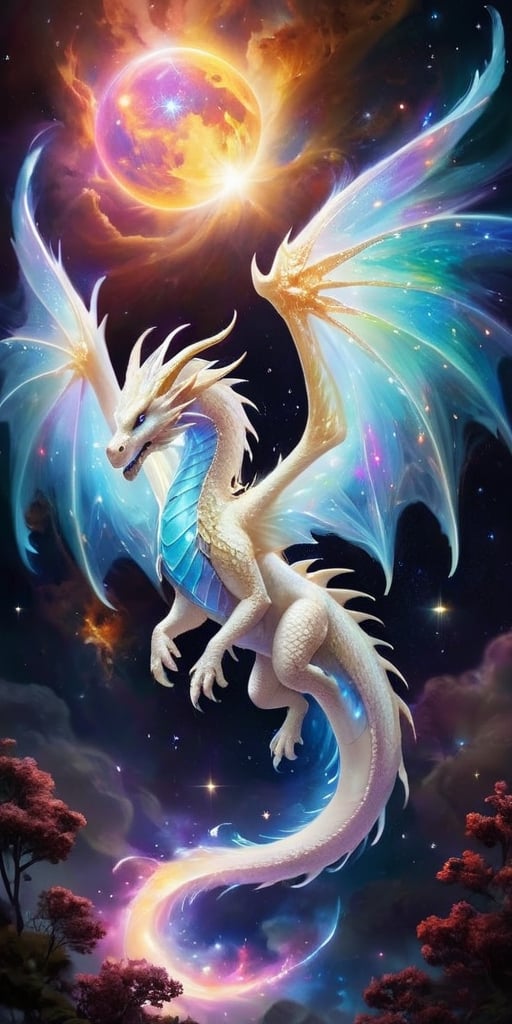 A celestial dragon,  its body a luminous pearl white,  shimmering with the light of distant stars. Its wings are expansive...