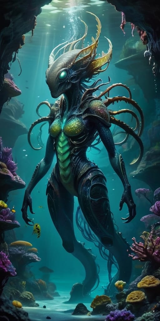 In the depths of a cavernous alien ocean,  a monstrous hybrid lurks in the shadows. Its body is an unsettling fusion of aq...