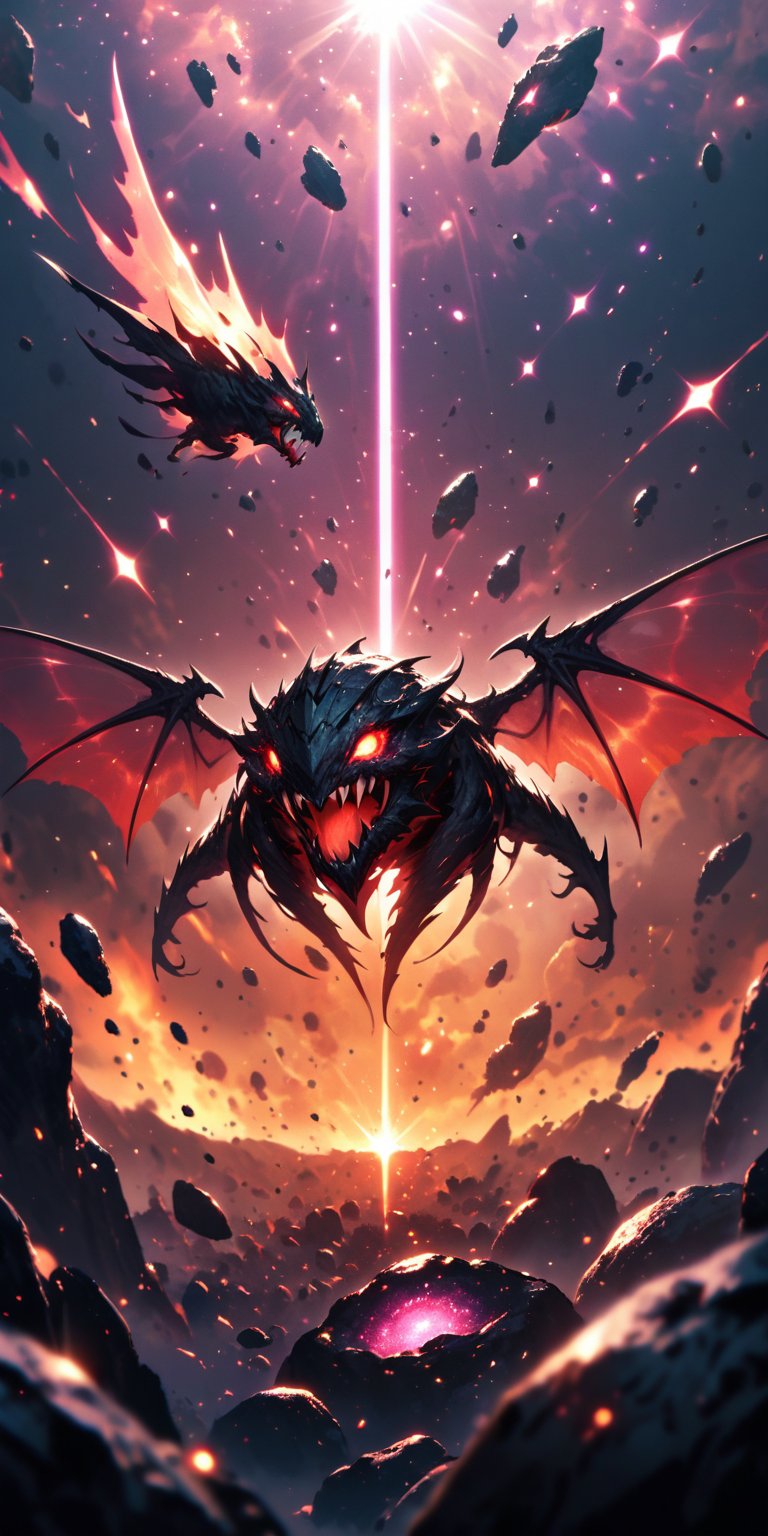Galactic Horror Swarm:A swarm of small,  agile alien creatures with translucent wings and sharp fangs,  flying through a f...