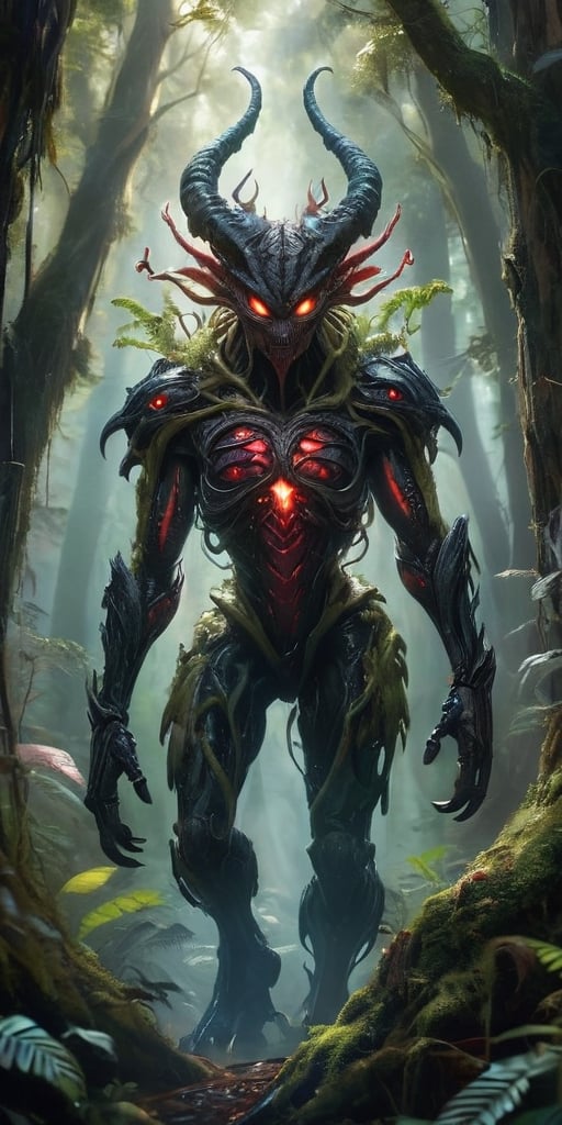 In the heart of a dense,  alien forest,  a monstrous alien hybrid stalks through the undergrowth. Its body is covered in t...