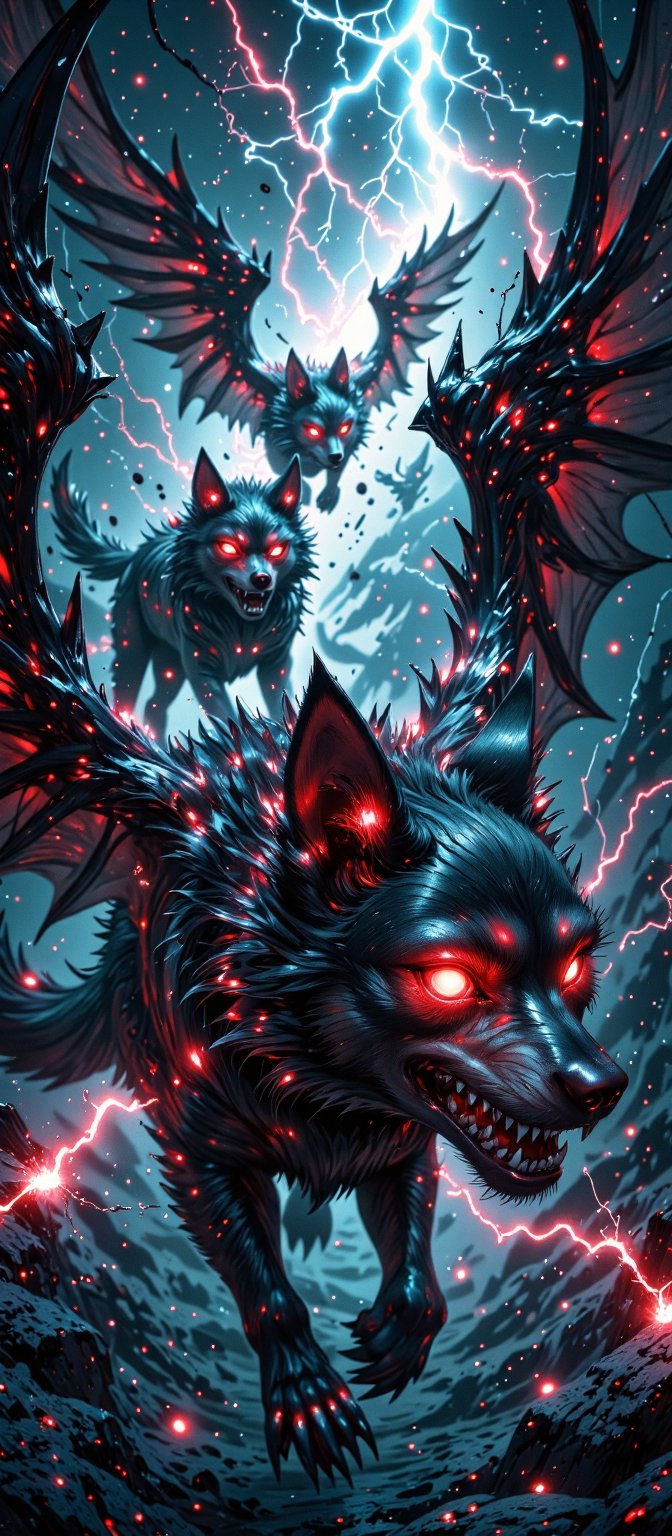 A pack of winged wolf-like creatures with glowing red eyes soar through a raging electrical storm. Their fur crackles with...