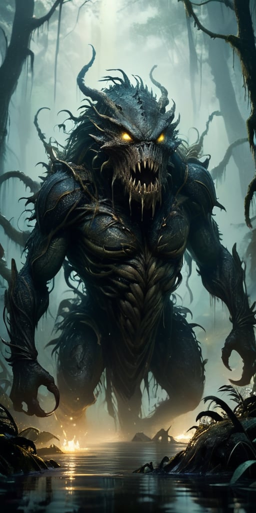Vicious Swamp Beast A monstrous creature emerging from the murky depths of a swamp. Its body is covered in dark,  slimy sc...