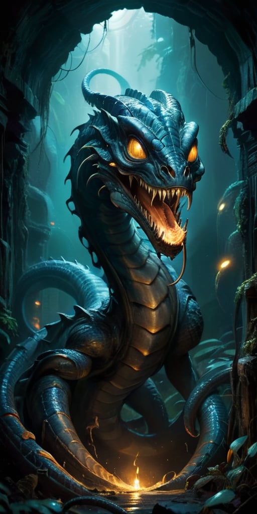 Slithering through the twisting,  narrow tunnels of an underground labyrinth,  a monstrous alien serpent with a chitinous...