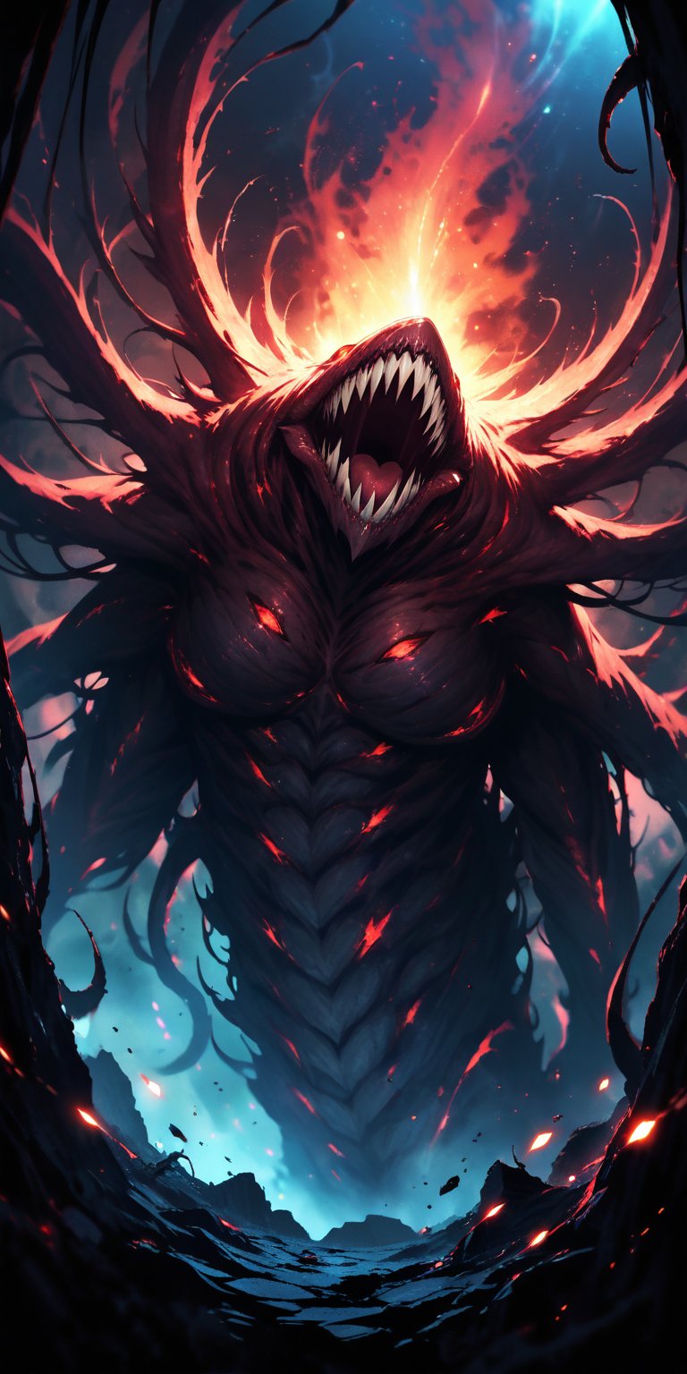 Gargantuan Alien Beast A terrifying alien monster with multiple tentacles, sharp teeth, and glowing red eyes, emerging from the dark abyss of space. The backdrop is a barren, desolate planet with distant stars shining coldly.
