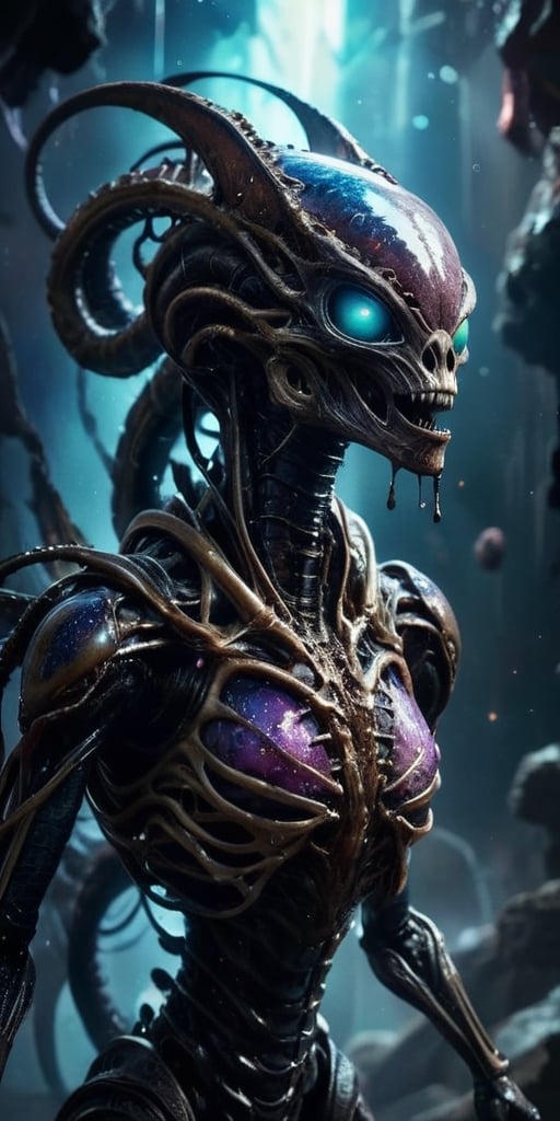 A nightmarish,  hybrid creature emerges from the shadows of a derelict spaceship,  floating in the void of space. Its body...