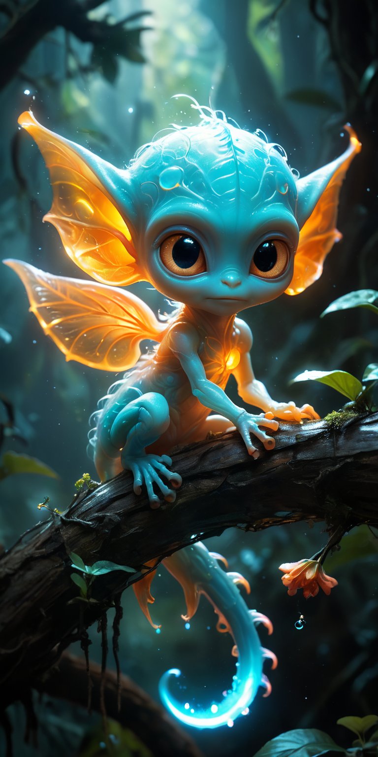On the branch of a bioluminescent tree,  a baby alien with bright orange skin and a long,  prehensile tail balances effort...
