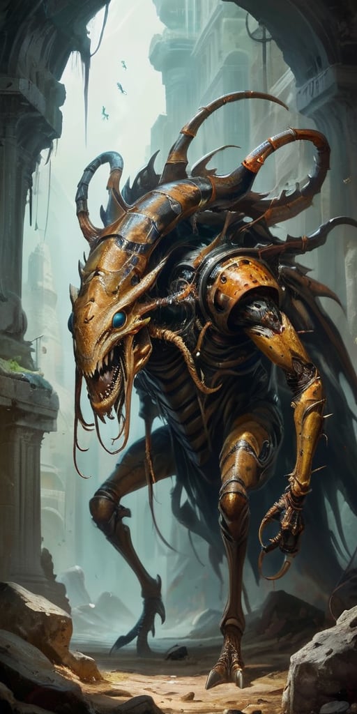 Roaming the ruins of an ancient,  alien city,  a monstrous creature with a centipede-like body and humanoid torso moves wi...