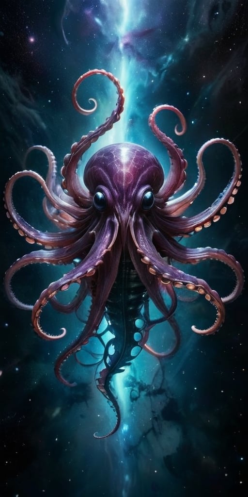 A terrifying,  alien-monster hybrid floats menacingly in the cold void of space,  its body a horrifying blend of cephalopo...