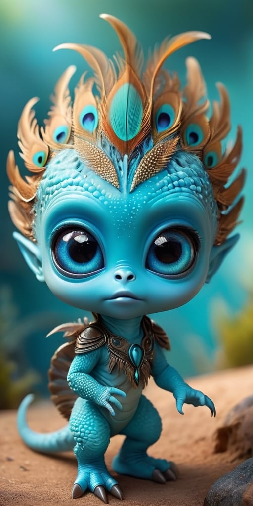 An alien infant with a body that is covered in tiny,  feather-like scales that rustle softly in the breeze. It has large,...