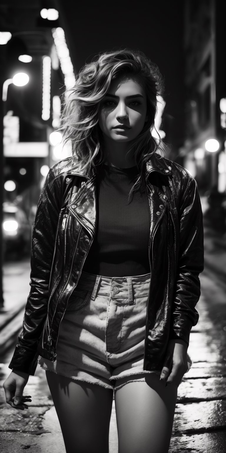 A black and white photo of a woman with short,  choppy hair and a nose ring,  bathed in the harsh light of a city street a...