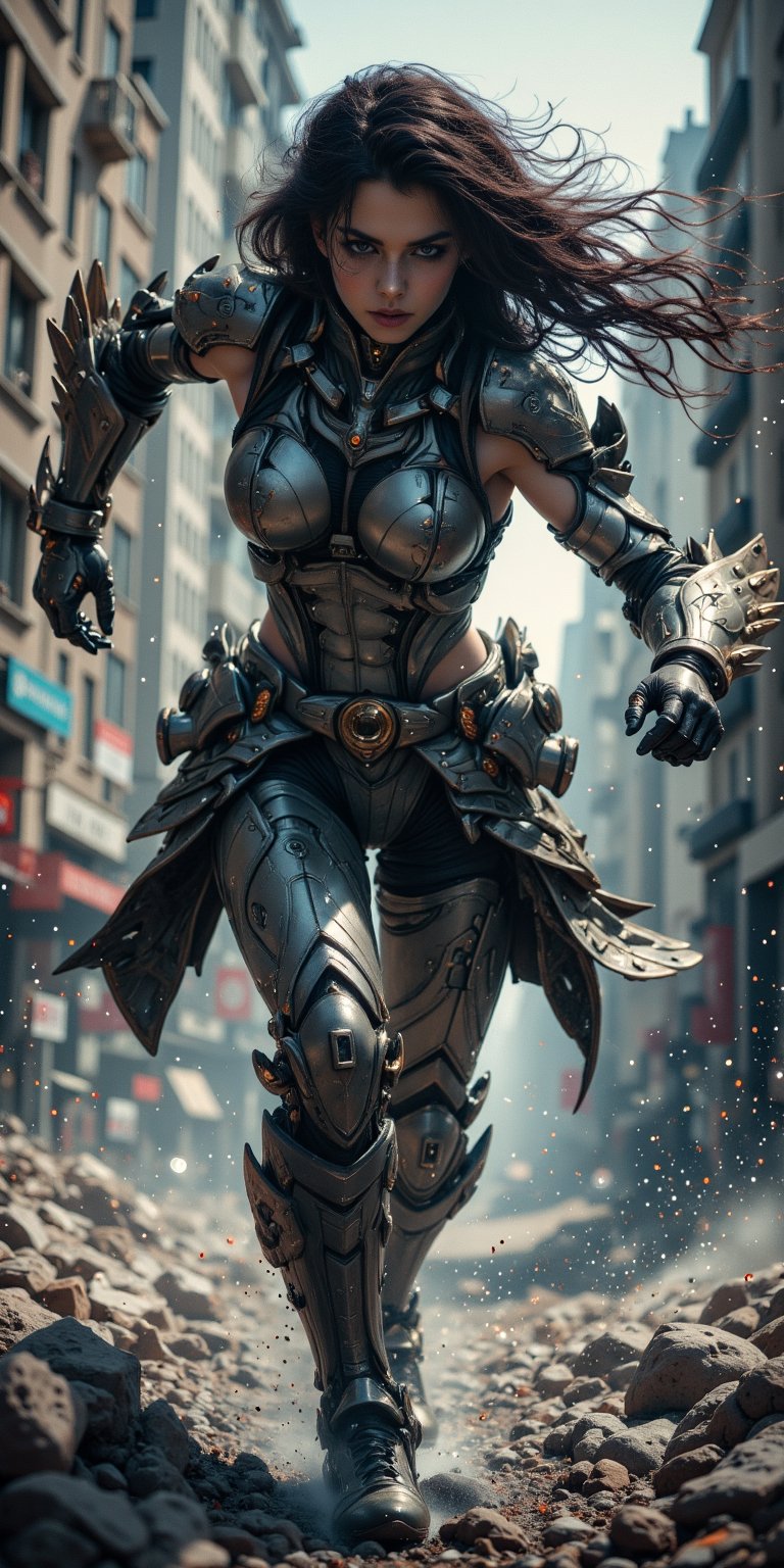 A woman with biomechanical enhancements designed for close combat. Her arms and legs are reinforced with armor,  and her e...