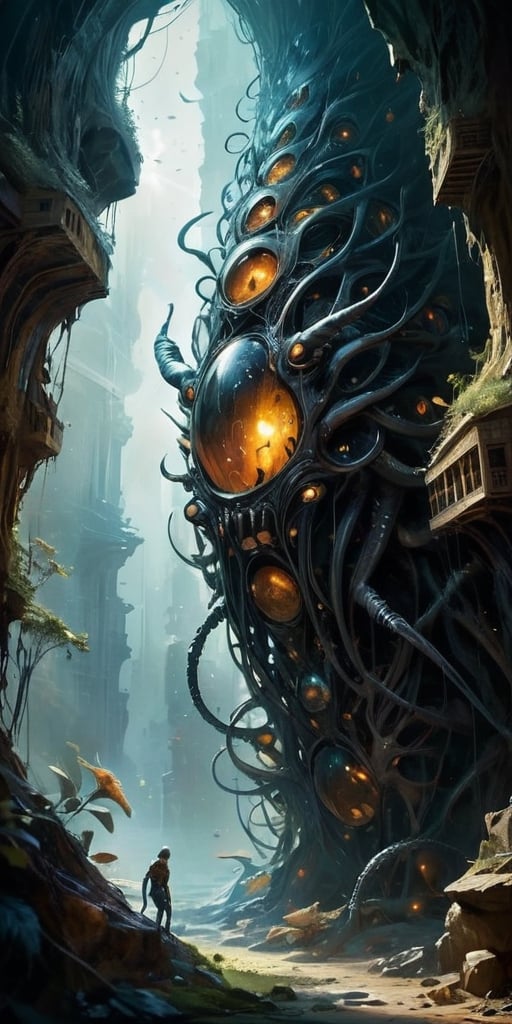 A hive-like structure,  comprised of thousands of interconnected tunnels and chambers,  inhabited by a colony of insectoid...
