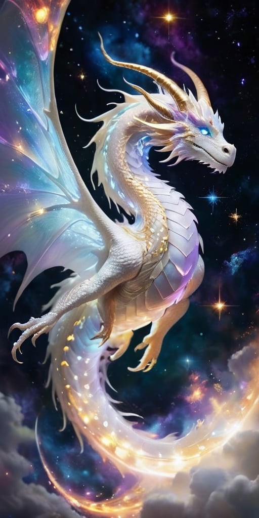 A celestial dragon,  its body a luminous pearl white,  shimmering with the light of distant stars. Its wings are expansive...