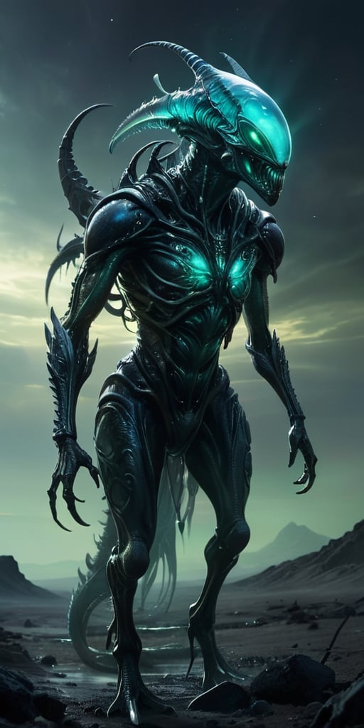 Standing in a desolate,  windswept wasteland,  an alien-monster hybrid with a translucent by Caption Master on Tensor.Art