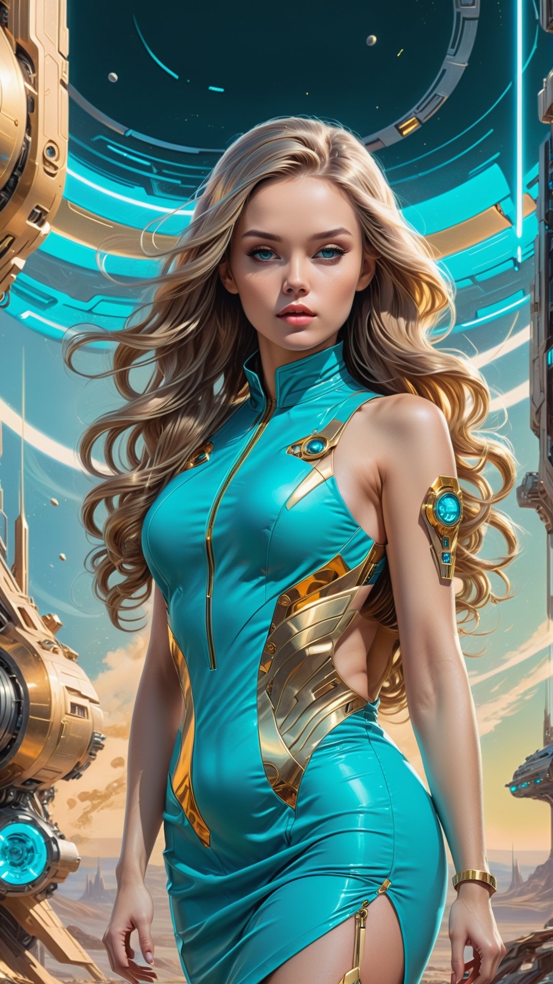 Women wearing  Neon Cyan
gold sheath dress, long_hair , (sci-fi background) ,Leonardo Style,DonMR0s30rd3rXL 