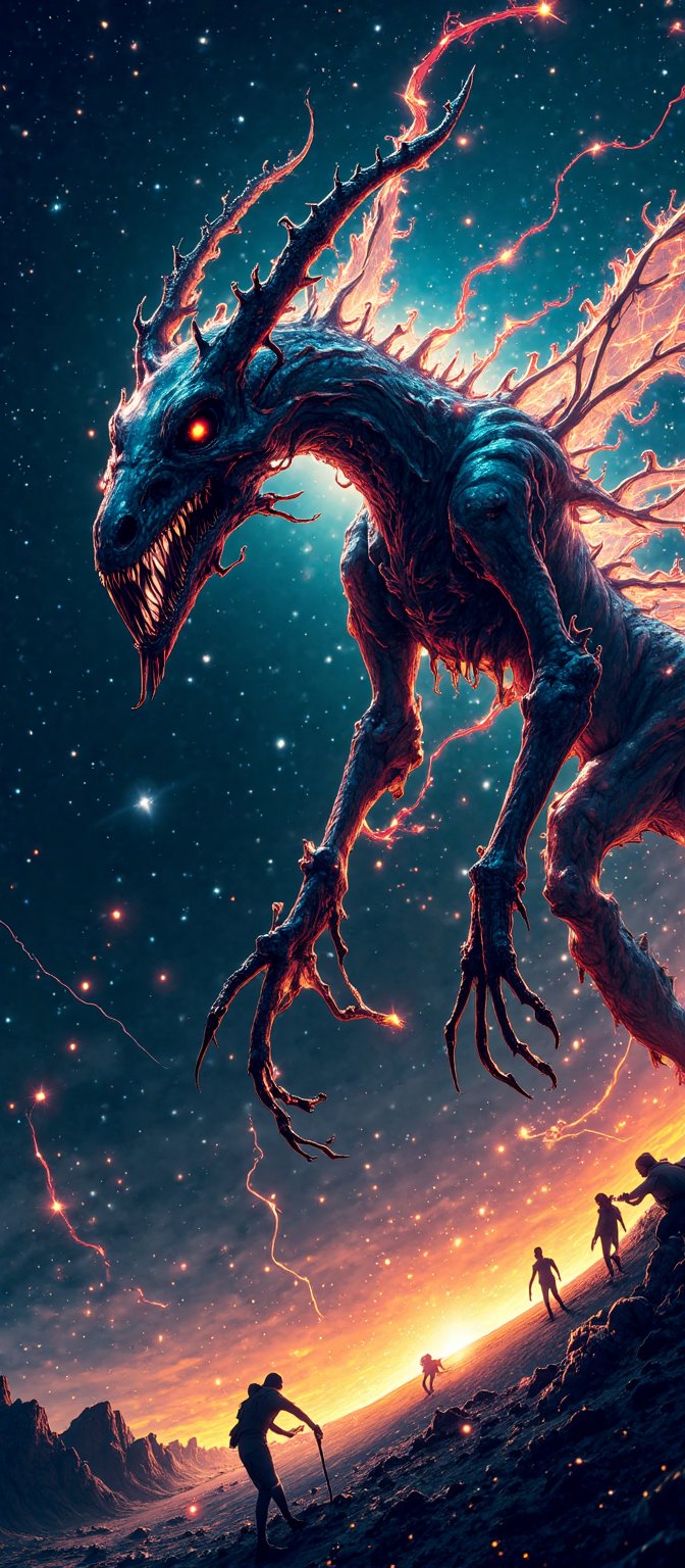 A terrifying alien creature hovers near the event horizon of a black hole,  with tendrils of cosmic energy swirling around...