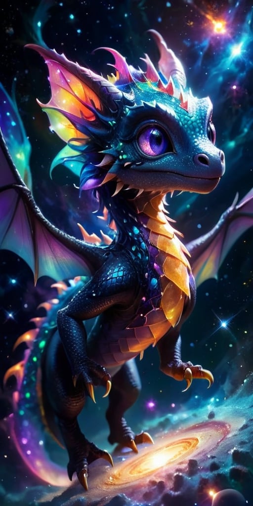 Floating Amongst the Stars A baby dragon with iridescent, cosmic-patterned scales drifts gracefully in the vacuum of space. Its eyes sparkle with stardust, and its tiny claws reach out toward a nearby planet's ring system, bathed in the light of a distant sun.