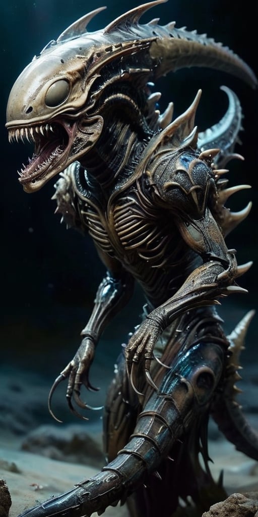 In the vast emptiness of space,  a dreadful hybrid of alien and monster drifts ominously. Its body is grotesquely elongate...