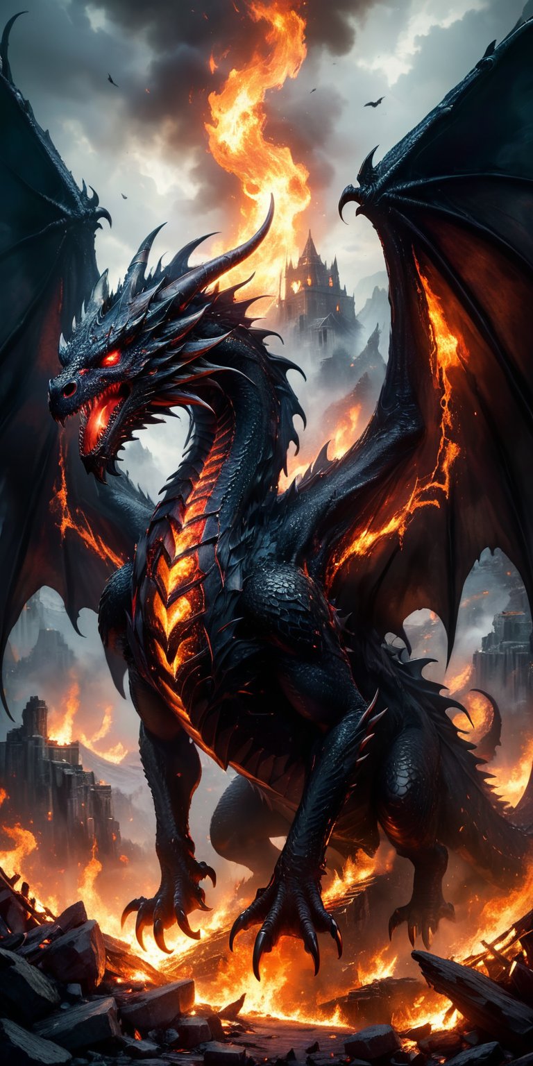 A colossal obsidian dragon with tattered wings,  its glowing red eyes burning with rage as it descends upon a burning vill...