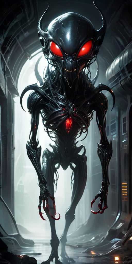 Lurking in the dark,  twisted corridors of an abandoned alien spaceship,  a terrifying creature with a sleek by Caption Ma...