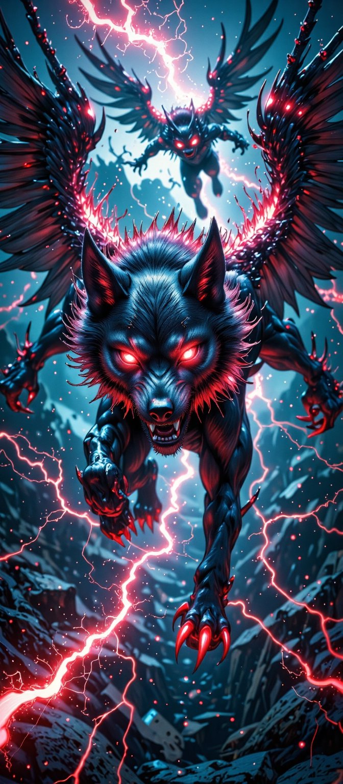 A pack of winged wolf-like creatures with glowing red eyes soar through a raging electrical storm. Their fur crackles with...