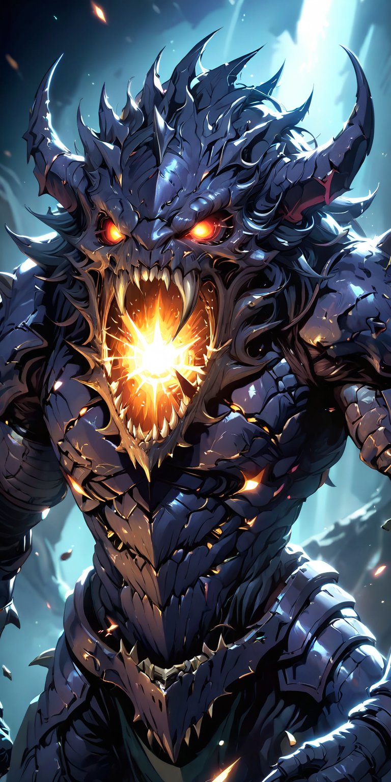 An alien-monster with spiked,  armor-plated skin,  its eyeless face covered in jagged teeth as it uses its powerful arms t...