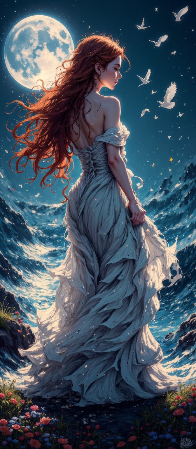 A young woman with flowing auburn hair stands on a cliff overlooking a shimmering,  enchanted sea. She wears a simple,  fl...